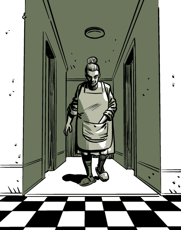  grandma walks down the hallway