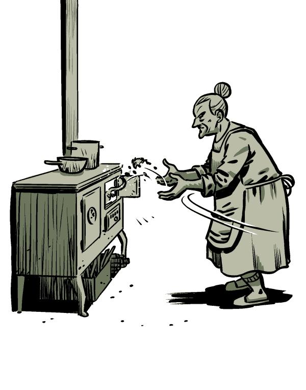  Grandma throws the headless monster into the fire. 