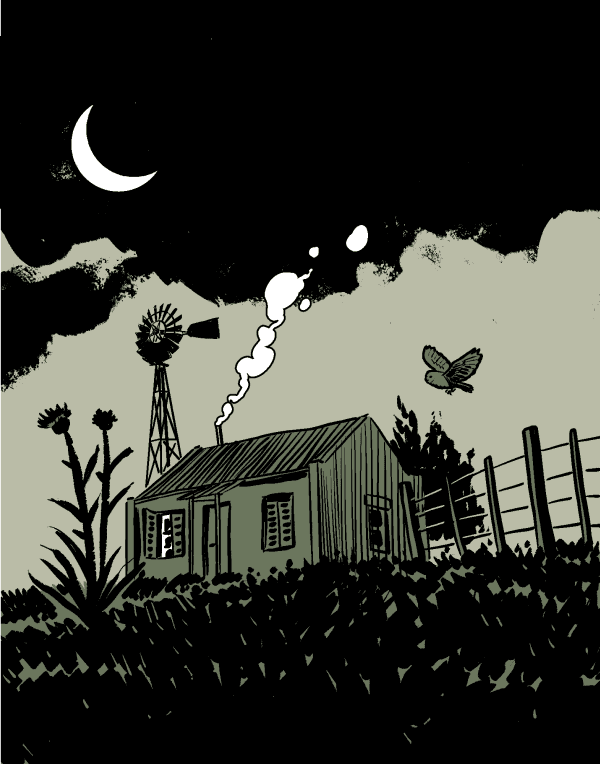  The ranch again, this time smoke comes out of the chimney. 