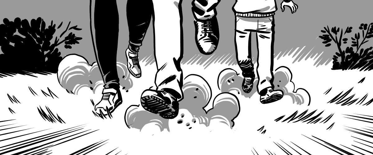 Close-up of six feet running (one belongs to our protagonist, another to his wife, and a few smaller ones to his daughter)