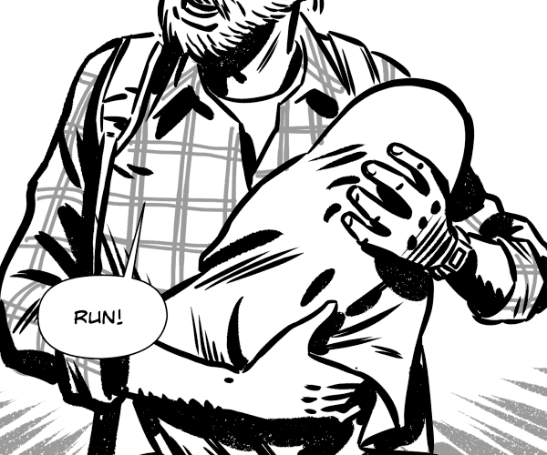 Close-up of the protagonist's arms, carrying his baby wrapped in a blanket. 