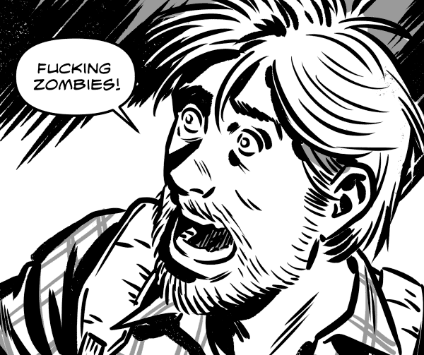 Close-up of the protagonist running like crazy while looking back slightly and desperately shouting. PROTAGONIST: RUN! 