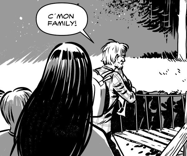  We see our protagonist holding the baby. He's still desperate. He's reaching the bridge. PROTAGONIST: LET'S GO FAMILY!