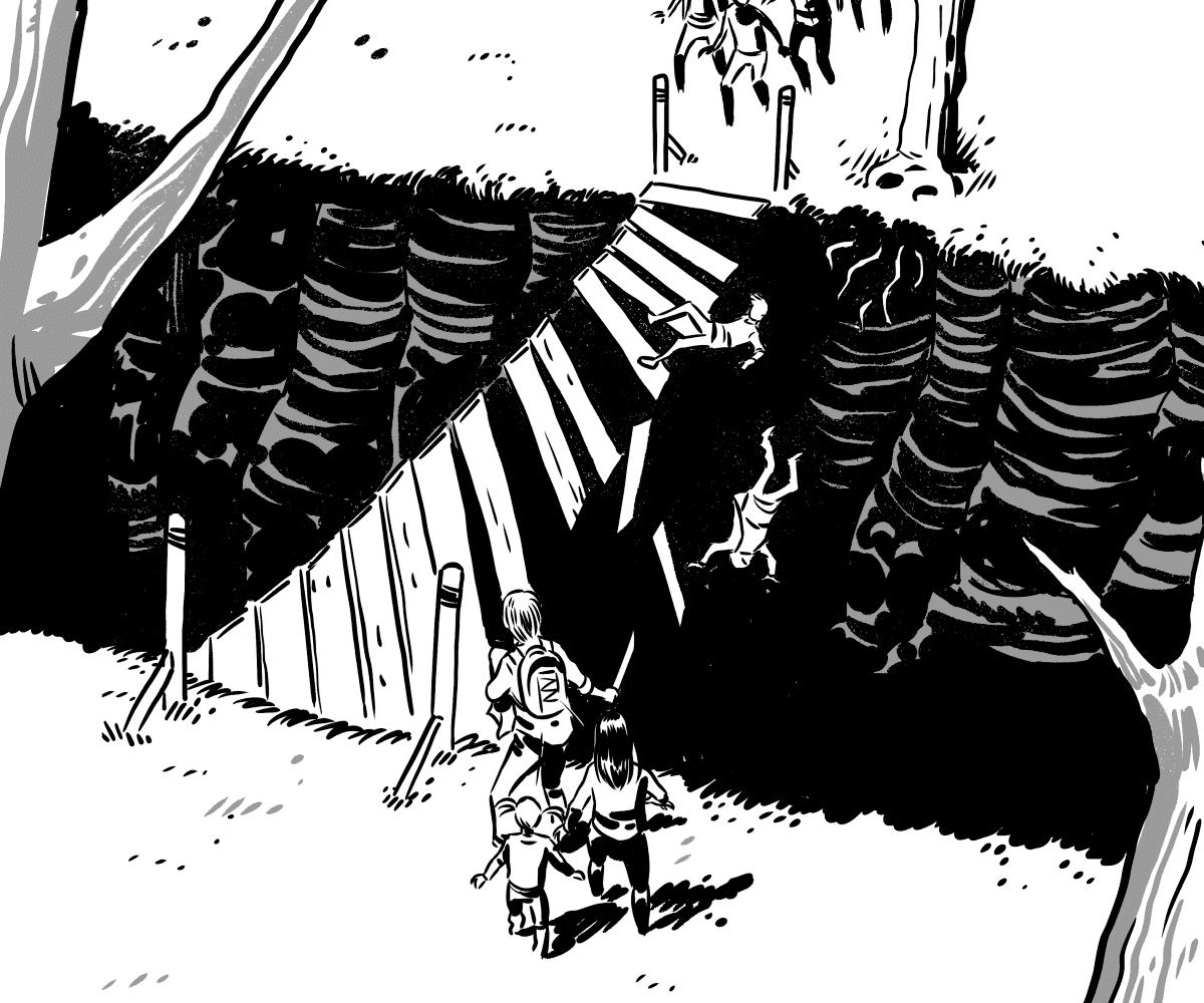  Wide, panoramic shot. We see that the protagonist and his family remain on the mountain while all their pursuers fall off the cliff or end up on the other side of the mountain.