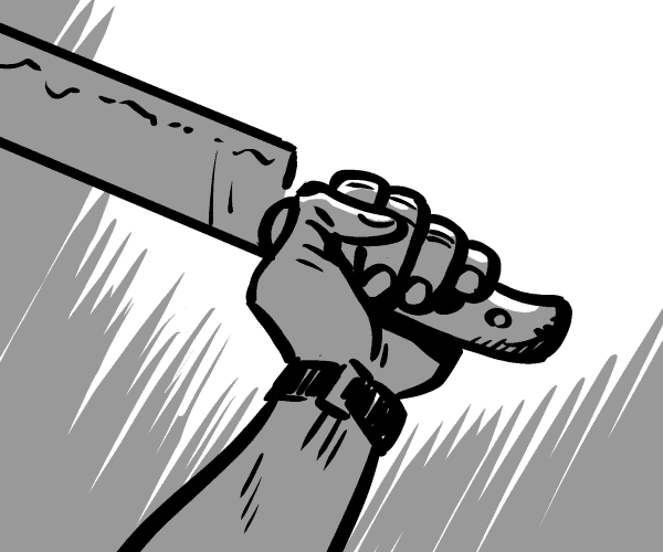  The machete cuts a pipe