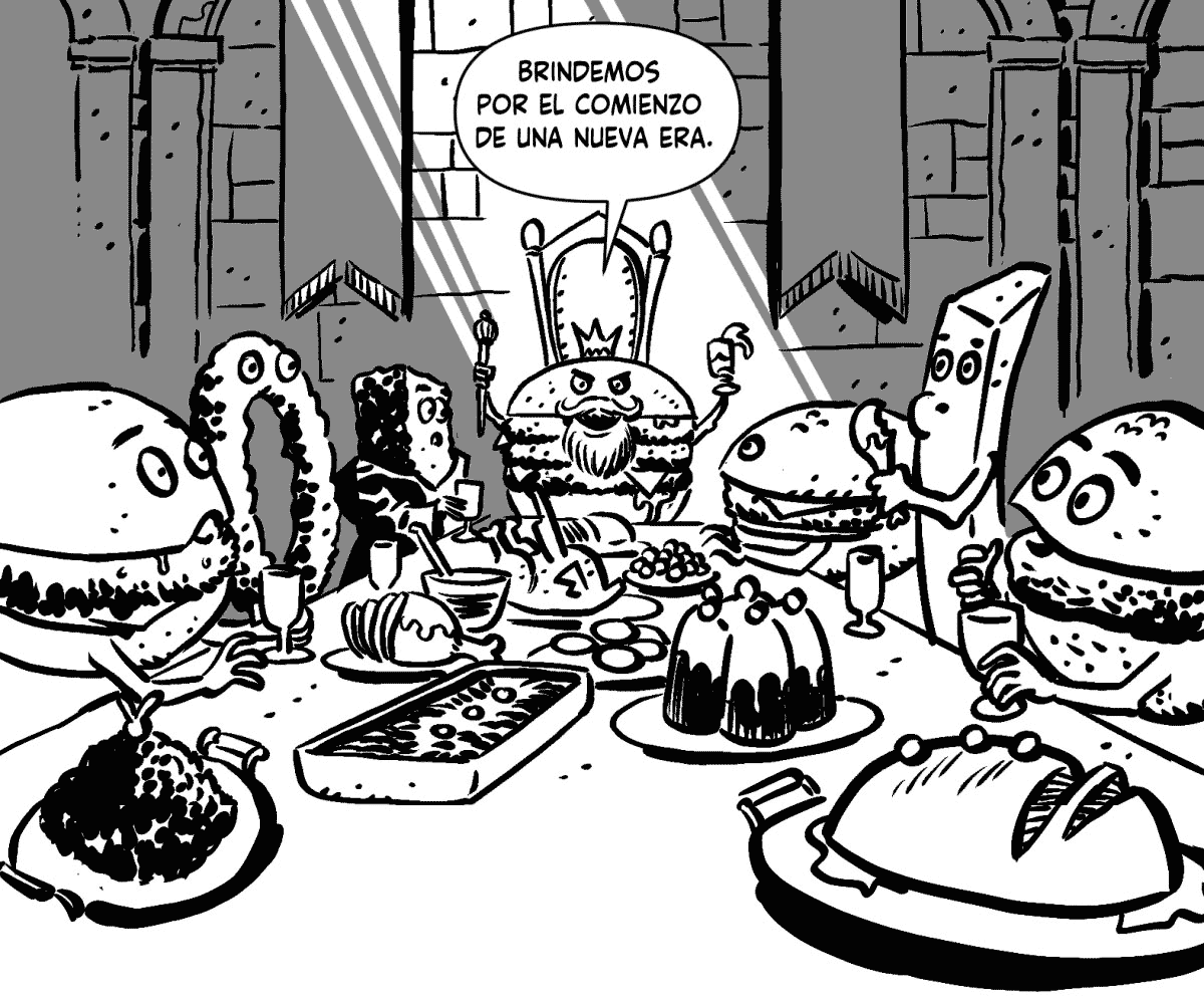 El Rey Hamburguesa encabeza una larga mesa donde vemos Papas Fritas, fish finge, hamburguesas simples y demás comida en forma humanoide. Rey Hamburguesa: Brindemos por el comienzo de una nueva era .