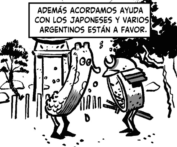 Unas piezas de sushi que parecen unos samurai están saludandose con una costilla de cerdo (ribs). ADEMÁS ACORDAMOS AYUDA CON LOS JAPONESES Y VARIOS ARGENTINOS ESTÁN A FAVOR