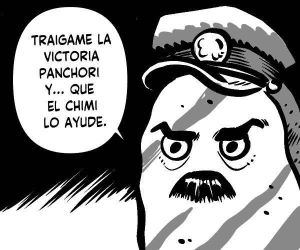 Uno chorizos vestidos de militar con facones con ira en sus caras esperan la hora de entrar en batalla.