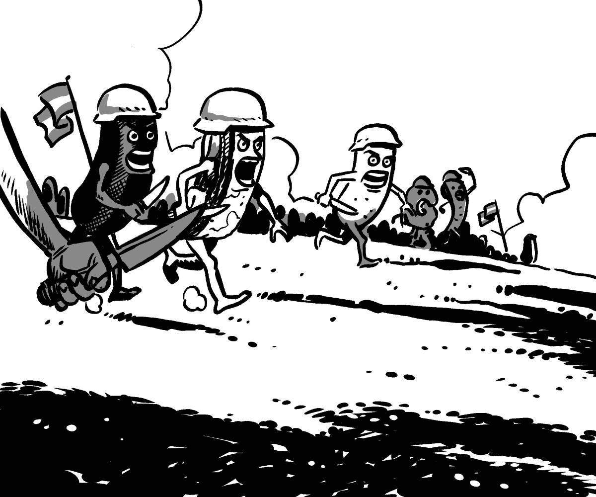 Un bastón de pescado y una papa frita golpean a un chinchulin. Chinchulin: PIRATAS, NUNCA NOS INVADIRÁN.