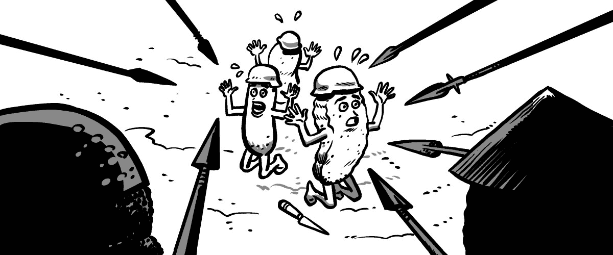 Rodeados en círculo por Samurais, papas fritas, bastones de pescados, hamburguesas y sandwichs de pan fránces, se encuentran algunos chorizos, un bife de chorizo (más grande que los demás) y chinchulines.